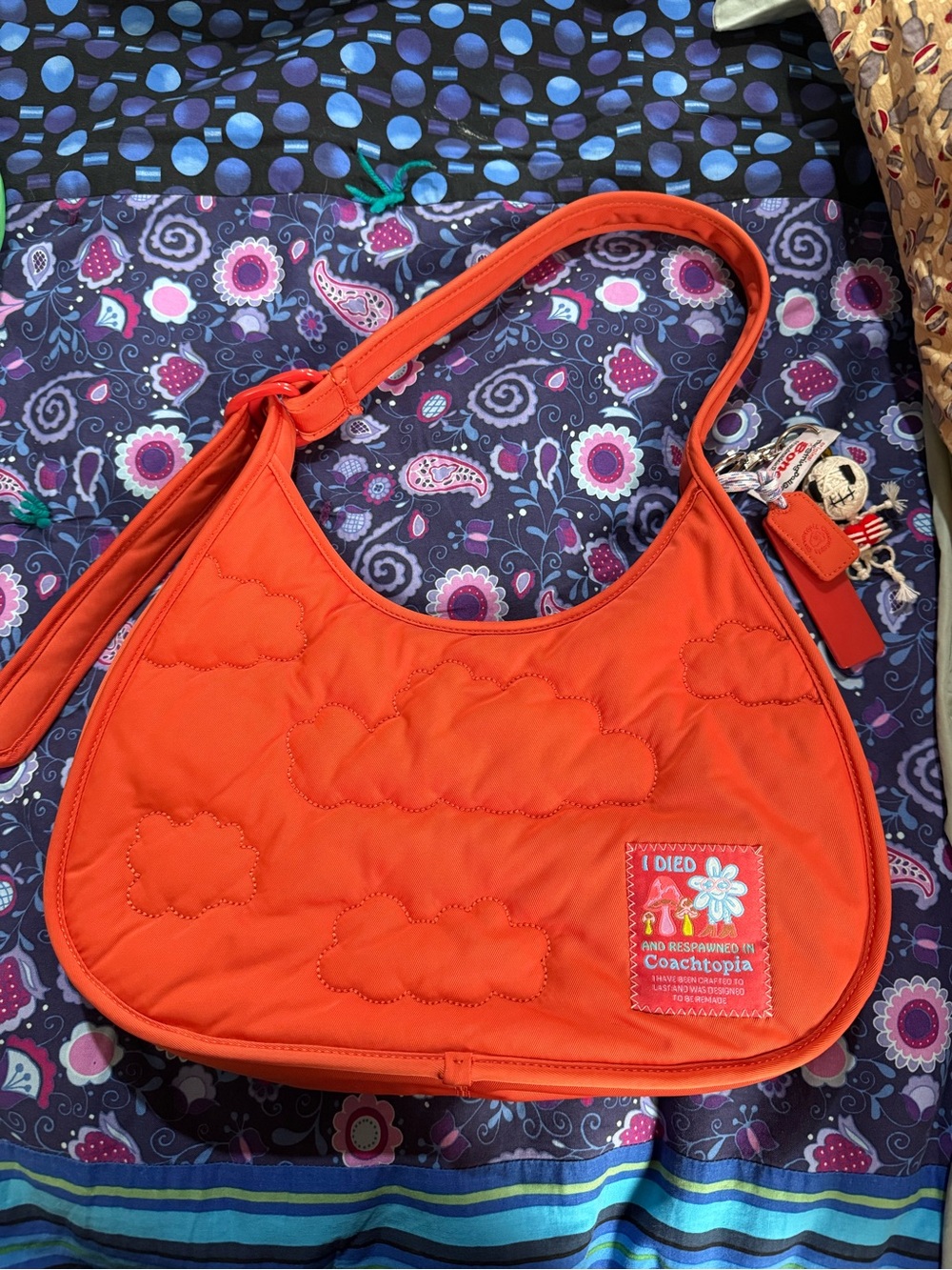 Bright Orange Quilted Shoulder Bag with Cloud Stitching